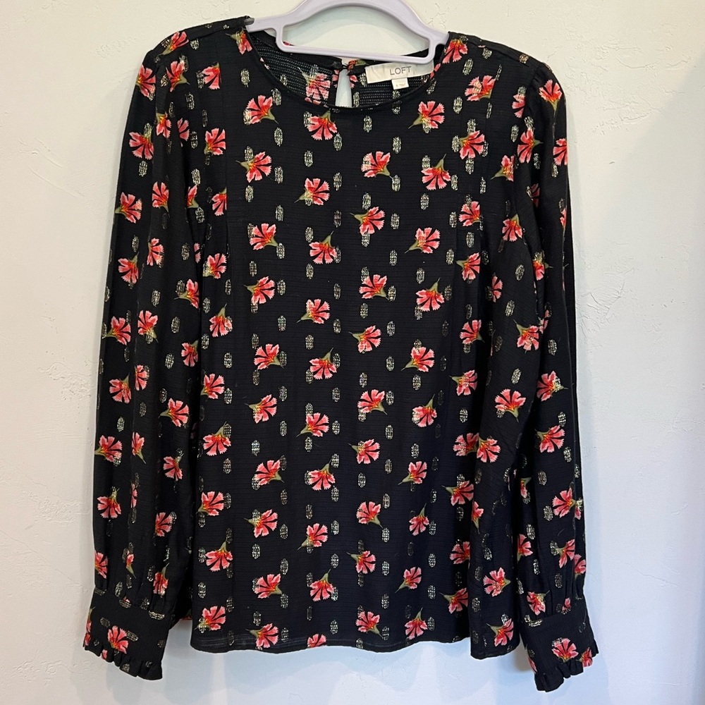 LOFT Black, Pink, & Metallic Gold Blouse with Keyhole Back (Small)